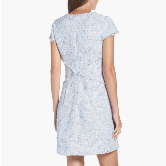 NWOT Eliza J Light Blue Tweed Sheath Dress Eyelash Fringe Trim Size 12 - Picture 4 of 11